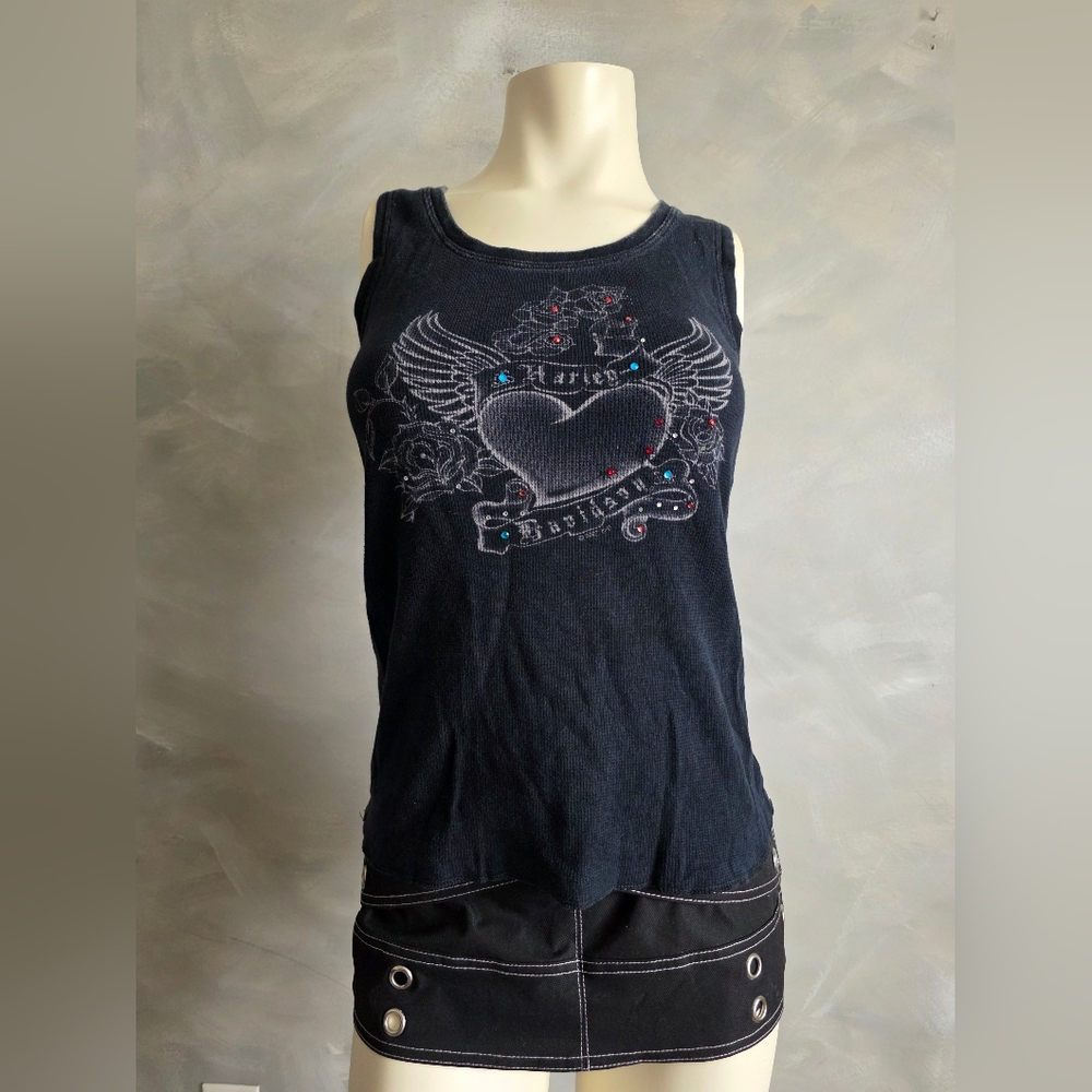 Vtg Harley-Davidson Womens Sz M Rhinestone Heart Winged Graphic Tank Top Florida
